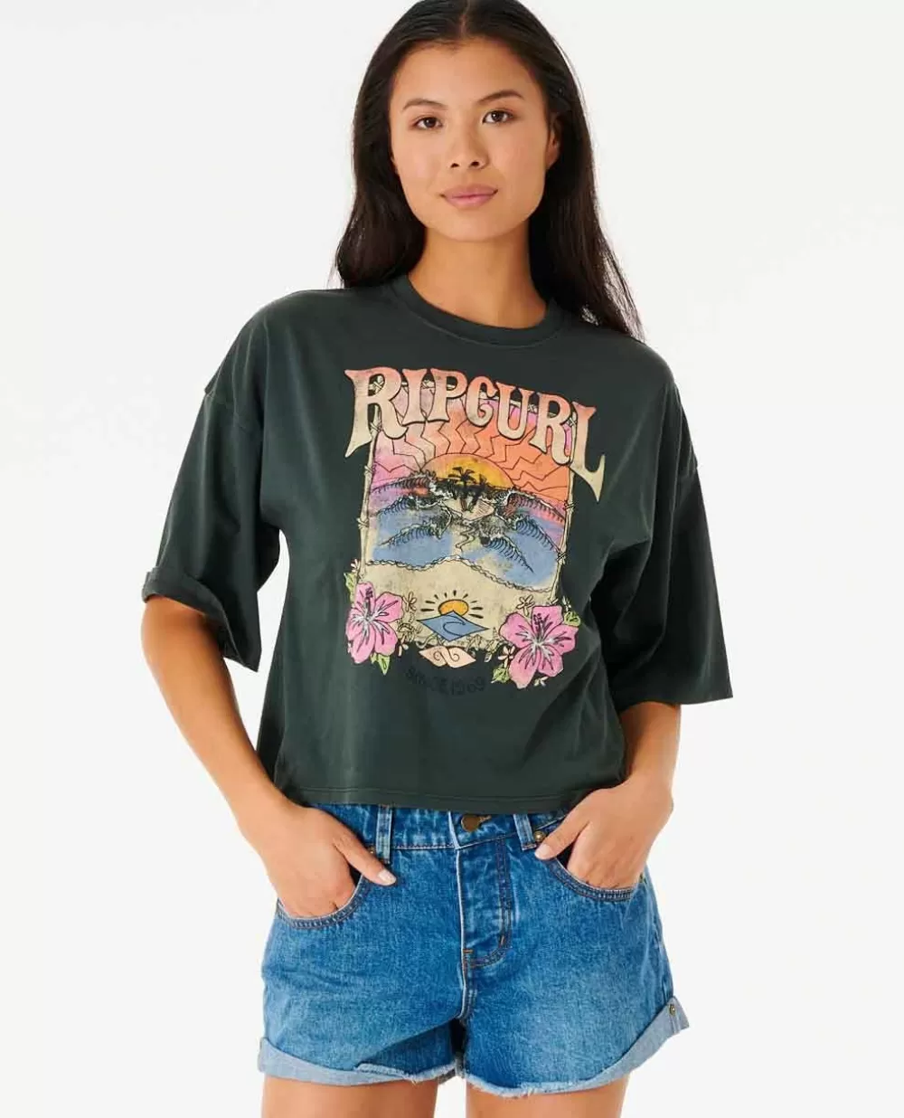 Rip Curl T-shirts e manga cava>T-shirt Barrelled Heritage Crop Washed Black