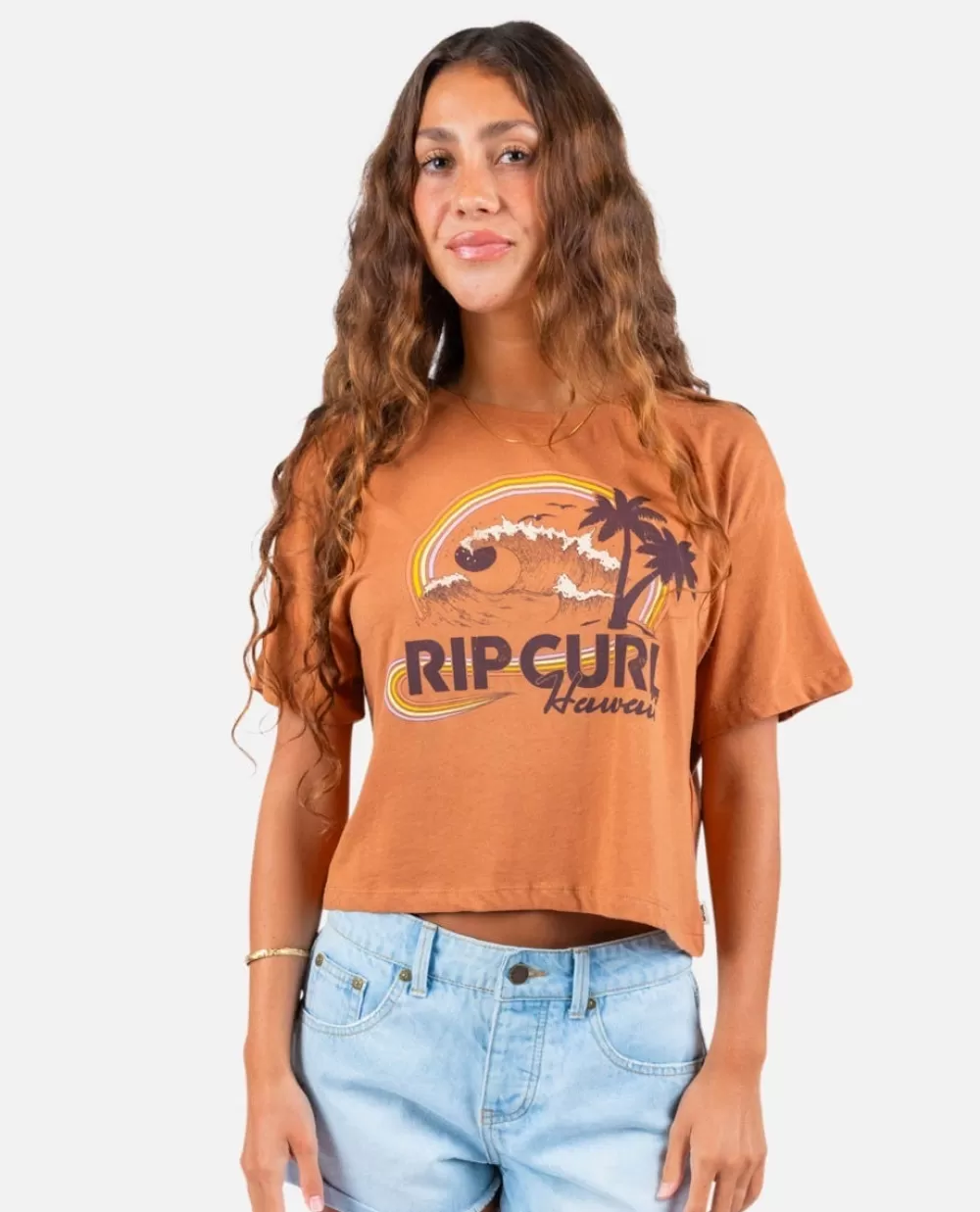 Rip Curl VESTUÁRIO | T-shirts e manga cava>T-shirt De Manga Curta Rainbow Waves Crop Light Brown