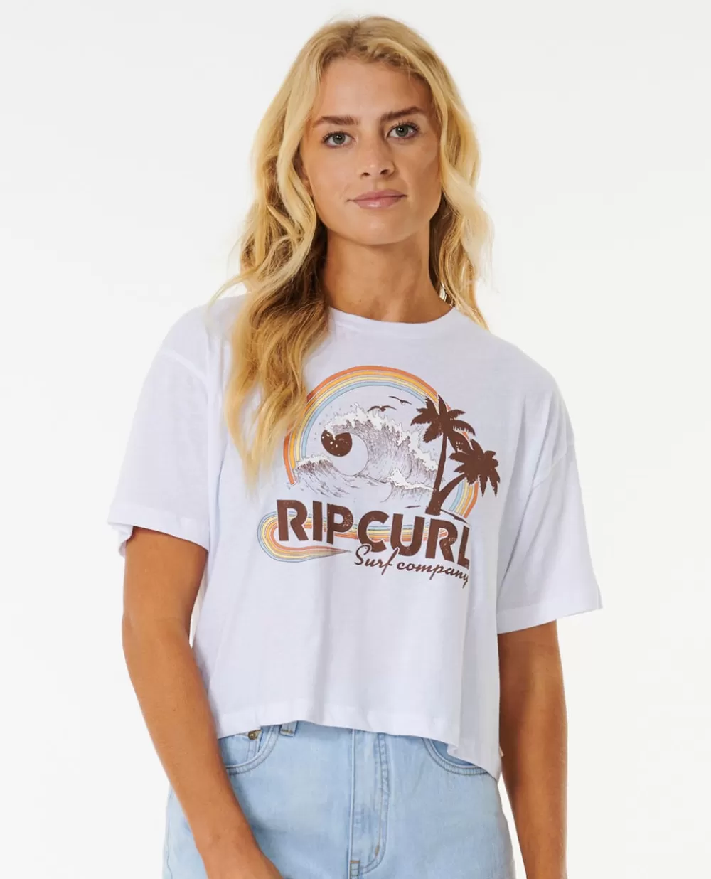 Rip Curl VESTUÁRIO | T-shirts e manga cava>T-shirt De Manga Curta Rainbow Waves Crop Light Brown