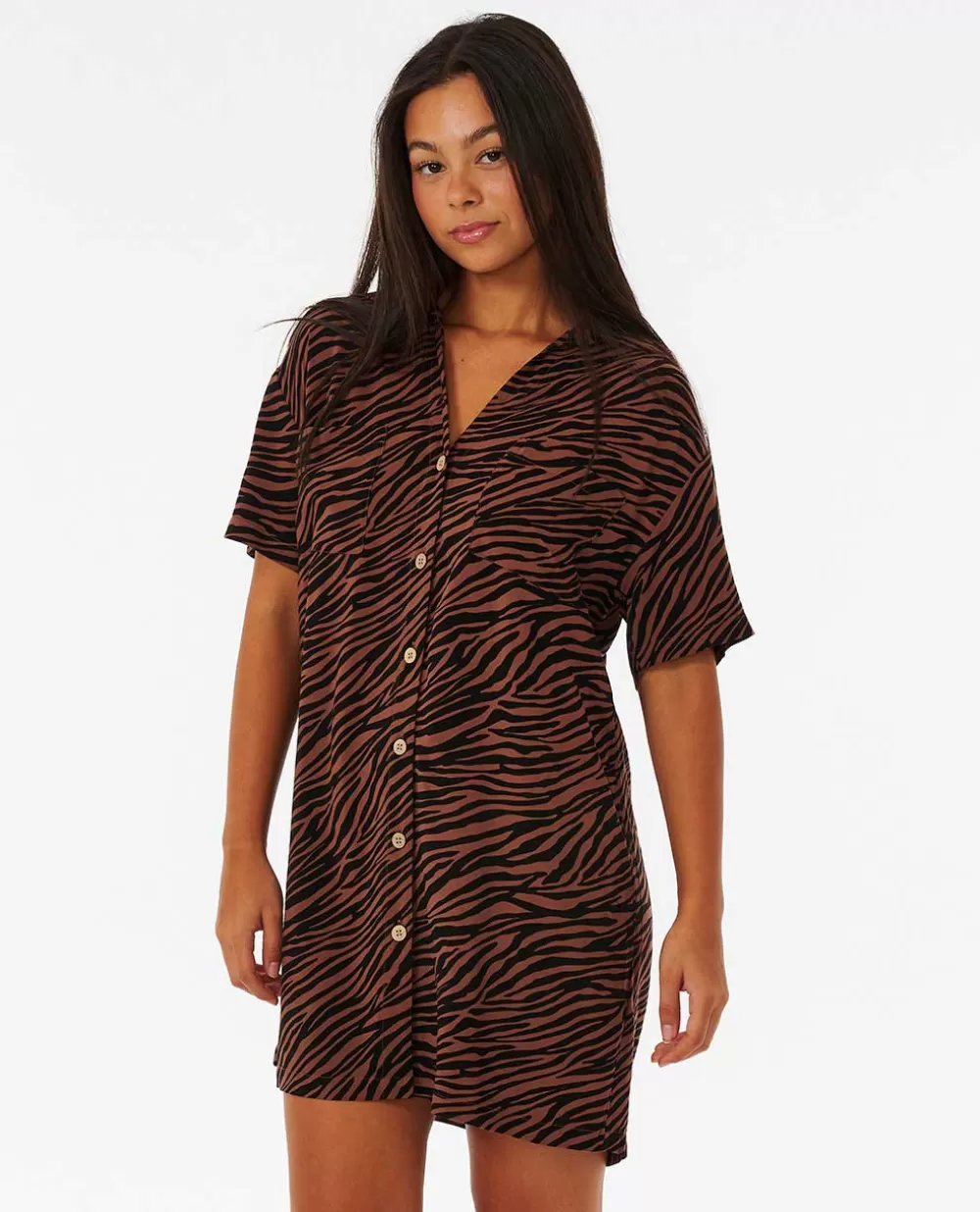 Rip Curl VESTUÁRIO | Vestidos e macacões>Vestido Zebrado Com Botões Sun Club Brown